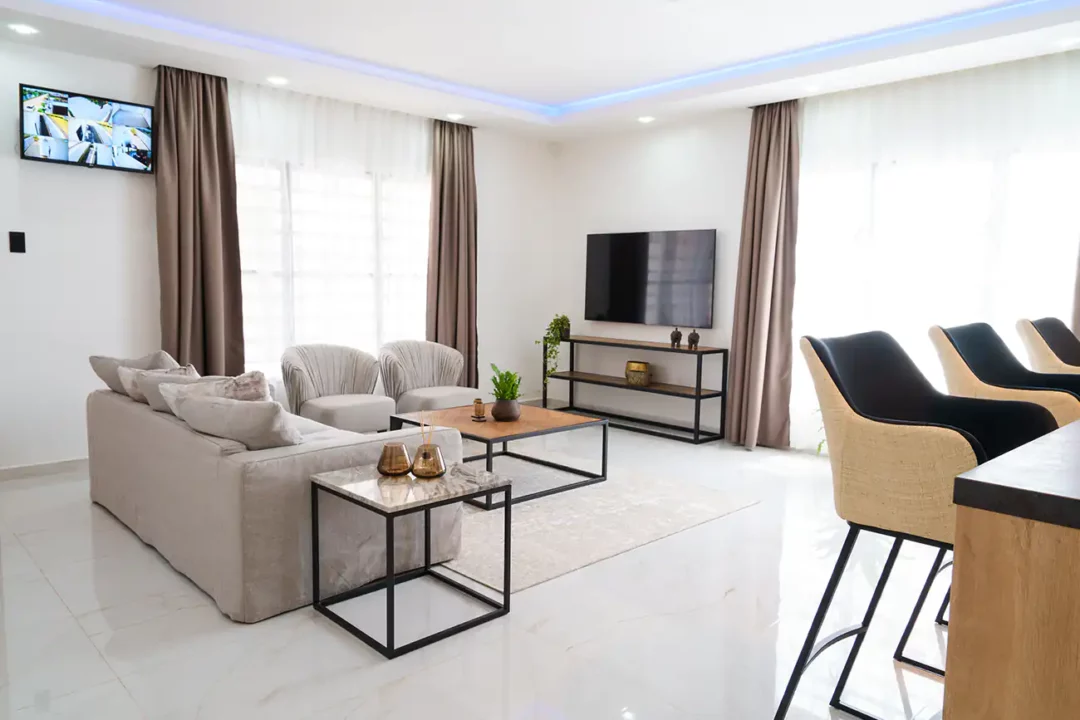 Living room, kitchen and bedroom