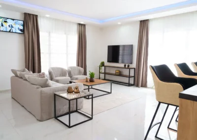 Living room, kitchen and bedroom